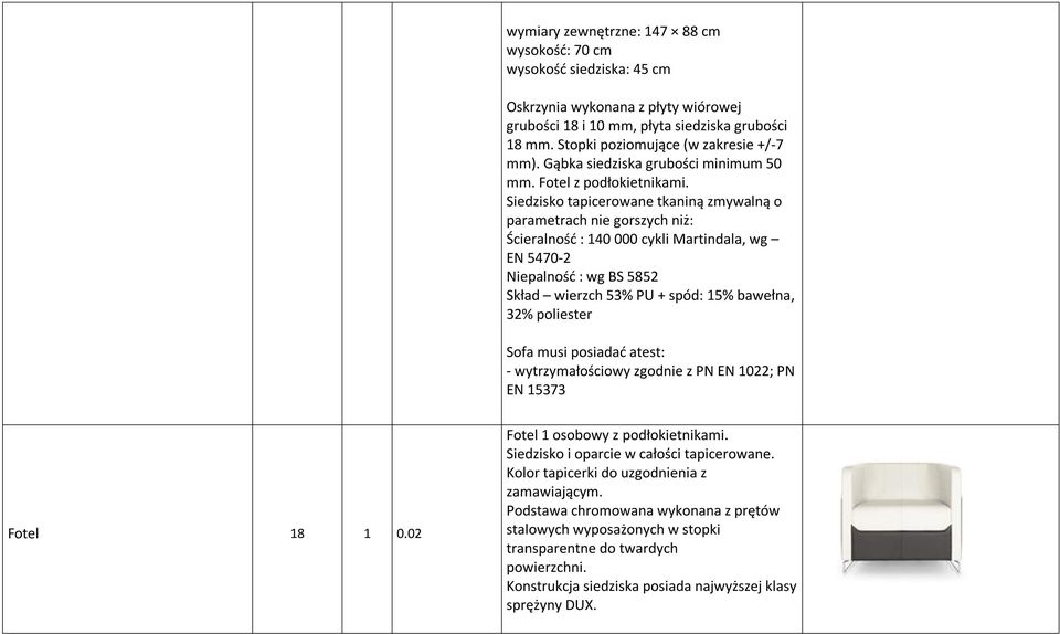Siedzisko tapicerowane tkaniną zmywalną o parametrach nie gorszych niż: Ścieralność : 140 000 cykli Martindala, wg EN 5470-2 Niepalność : wg BS 5852 Skład wierzch 53% PU + spód: 15% bawełna, 32%