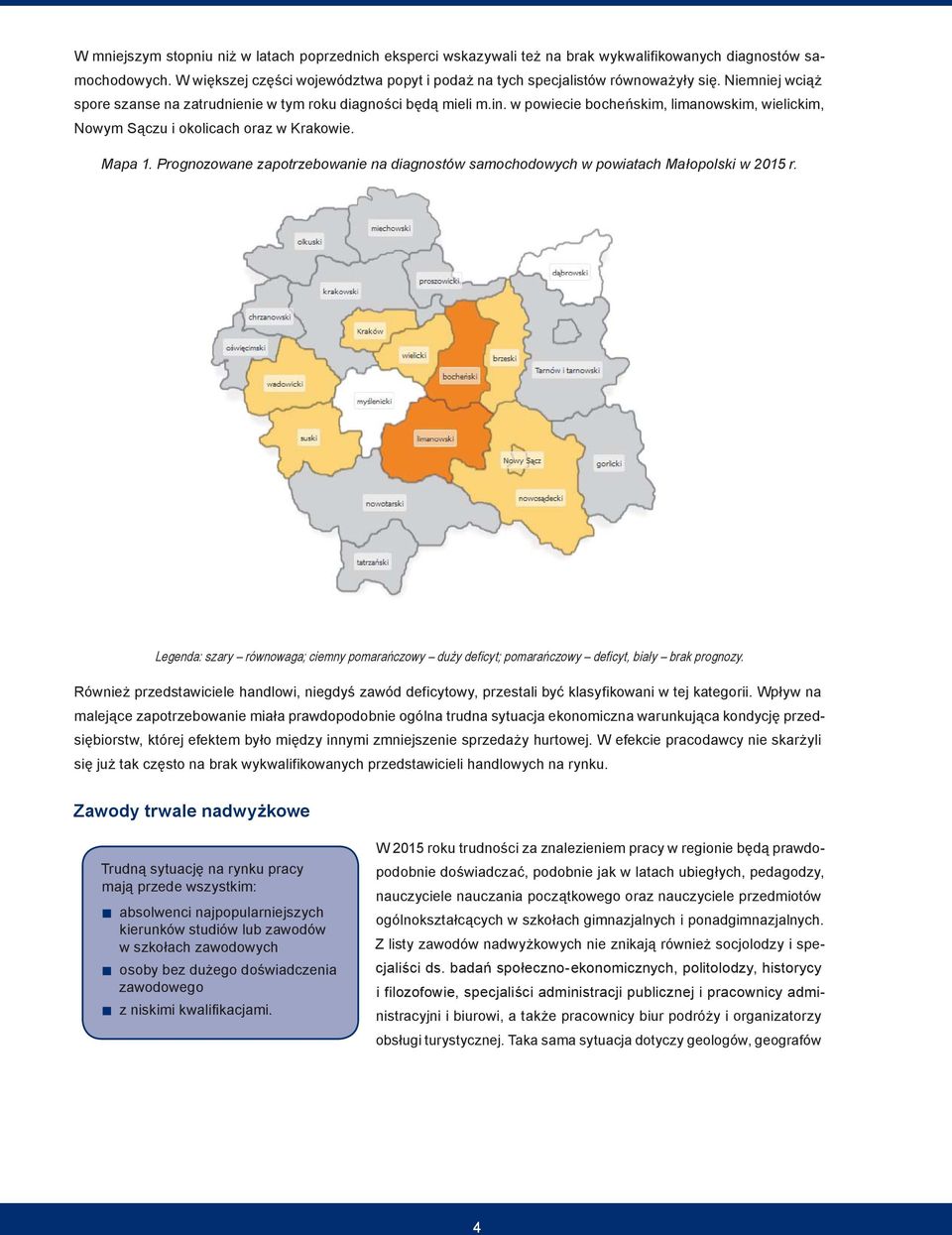 w powiecie bocheńskim, limanowskim, wielickim, Nowym Sączu i okolicach oraz w Krakowie. Mapa 1. Prognozowane zapotrzebowanie na diagnostów samochodowych w powiatach Małopolski w 2015 r.