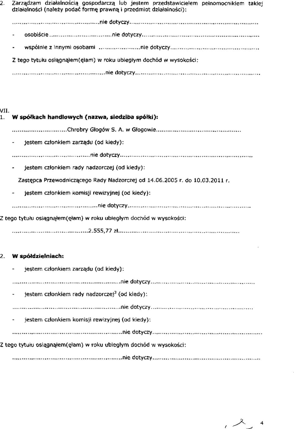 w Głogowie jestem członkiem zarządu (od kiedy): jestem członkiem rady nadzorczej (od kiedy): Zastępca Przewodniczącego Rady Nadzorczej od 14.06.2005 r. do 10.03.