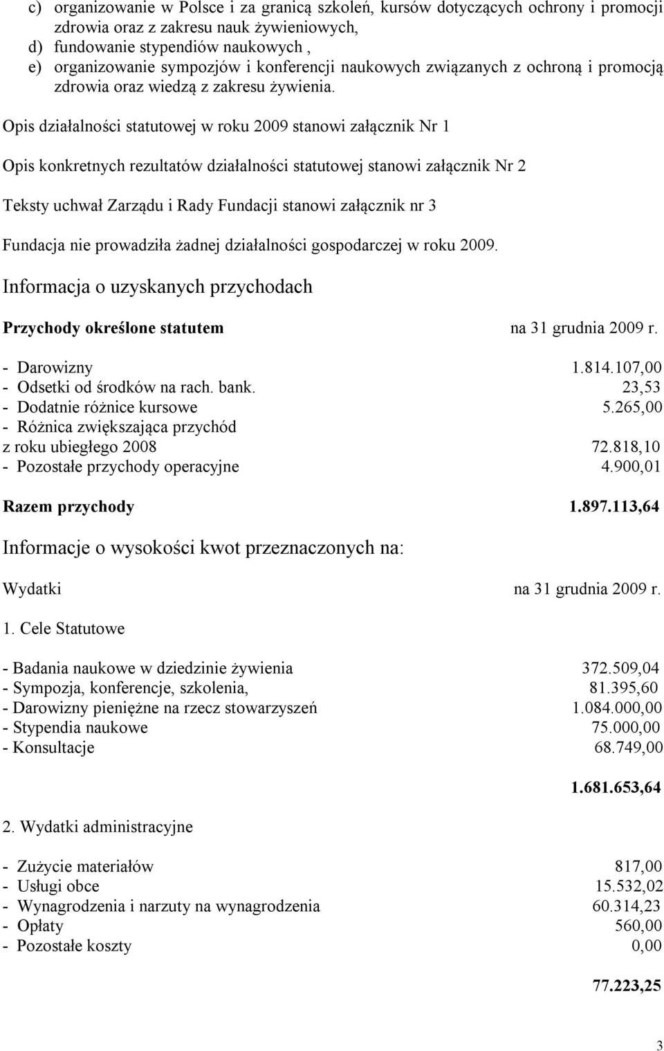 Opis działalności statutowej w roku 2009 stanowi załącznik Nr 1 Opis konkretnych rezultatów działalności statutowej stanowi załącznik Nr 2 Teksty uchwał Zarządu i Rady Fundacji stanowi załącznik nr 3