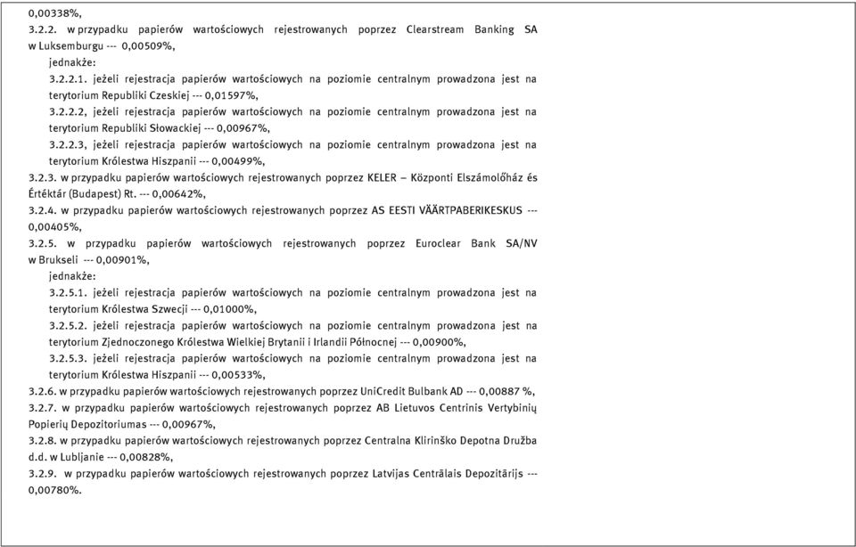 2.2, jeżeli rejestracja papierów wartościowych na poziomie centralnym prowadzona jest na terytorium Republiki Słowackiej --- 0,00967%, 3.2.2.3, jeżeli rejestracja papierów wartościowych na poziomie centralnym prowadzona jest na terytorium Królestwa Hiszpanii --- 0,00499%, 3.