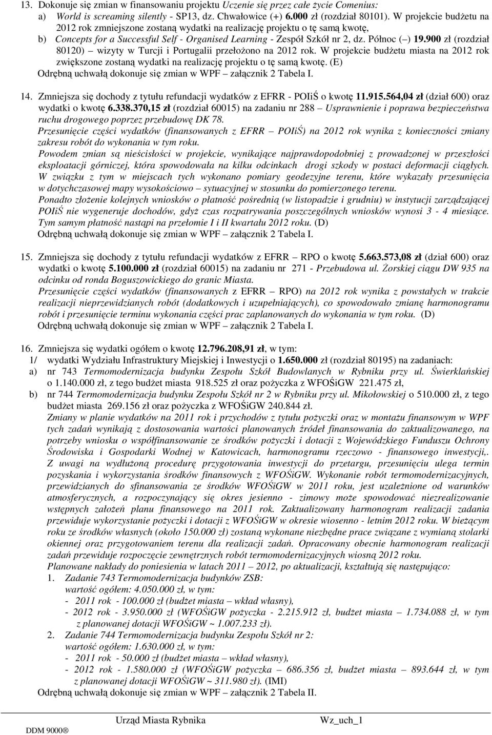 900 zł (rozdział 80120) wizyty w Turcji i Portugalii przełożono na 2012 rok. W projekcie budżetu miasta na 2012 rok zwiększone zostaną wydatki na realizację projektu o tę samą kwotę. (E) 14.