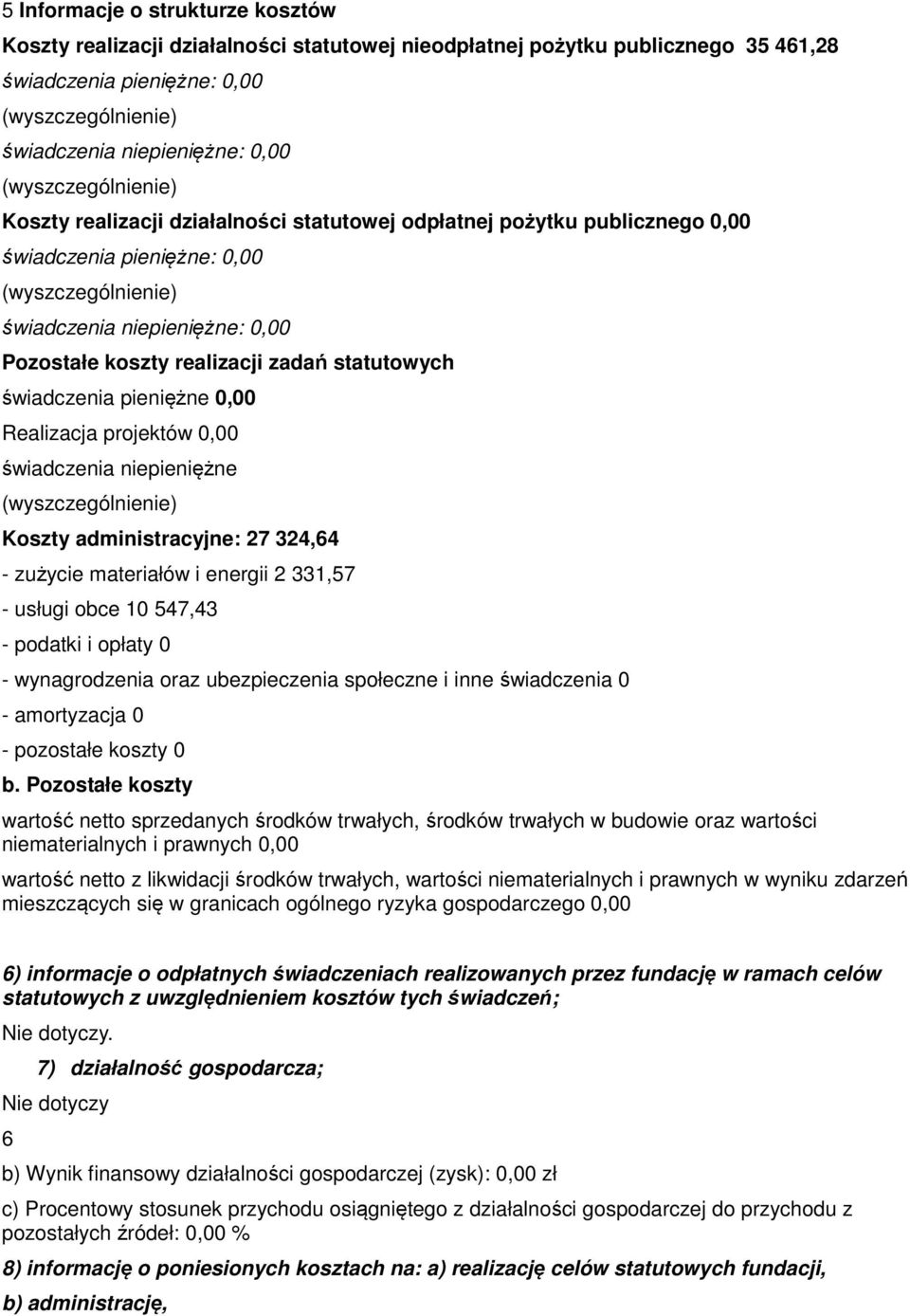 Realizacja projektów 0,00 świadczenia niepieniężne Koszty administracyjne: 27 324,64 - zużycie materiałów i energii 2 331,57 - usługi obce 10 547,43 - podatki i opłaty 0 - wynagrodzenia oraz