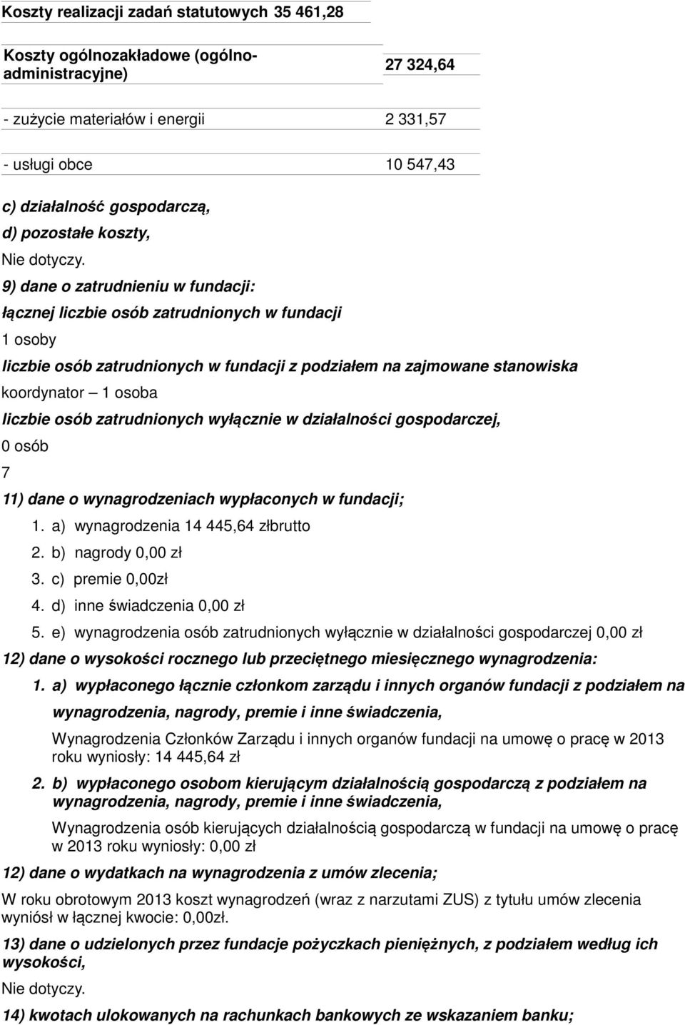 osoba liczbie osób zatrudnionych wyłącznie w działalności gospodarczej, 0 osób 7 11) dane o wynagrodzeniach wypłaconych w fundacji; 1. a) wynagrodzenia 14 445,64 złbrutto 2. b) nagrody 0,00 zł 3.