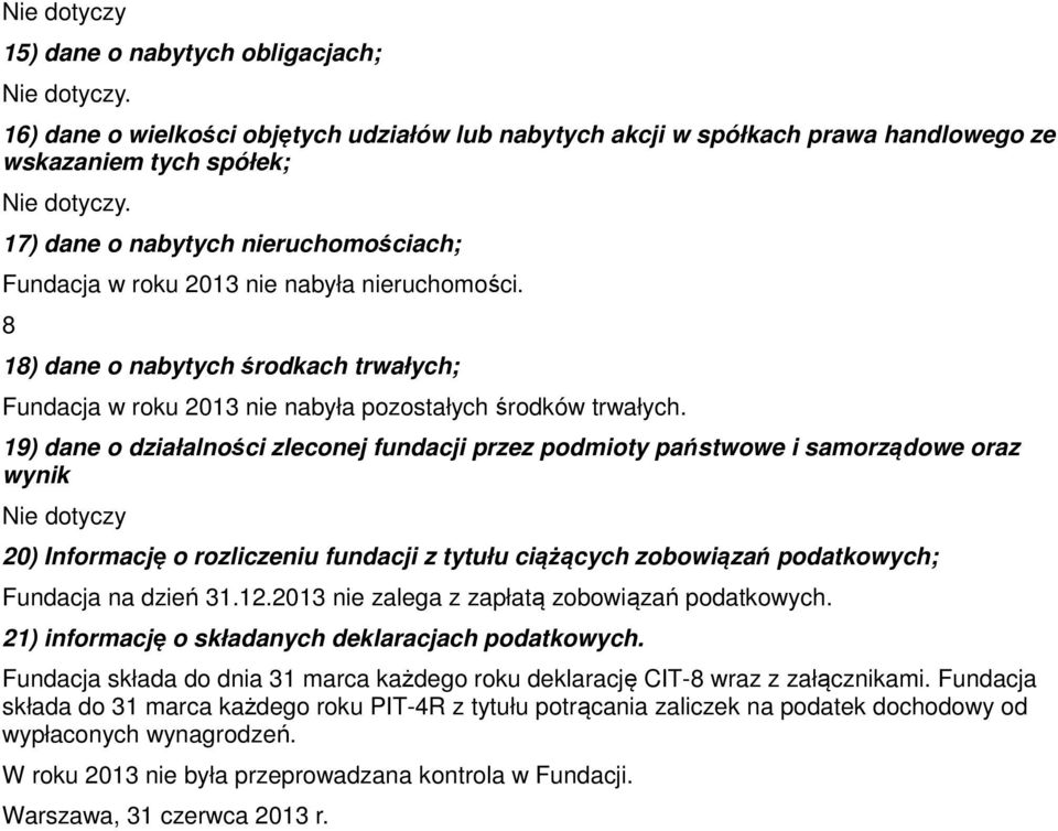 19) dane o działalności zleconej fundacji przez podmioty państwowe i samorządowe oraz wynik Nie dotyczy 20) Informację o rozliczeniu fundacji z tytułu ciążących zobowiązań podatkowych; Fundacja na