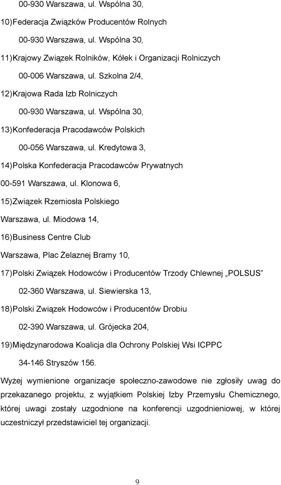 Kredytowa 3, 14)Polska Konfederacja Pracodawców Prywatnych 00-591 Warszawa, ul. Klonowa 6, 15)Związek Rzemiosła Polskiego Warszawa, ul.