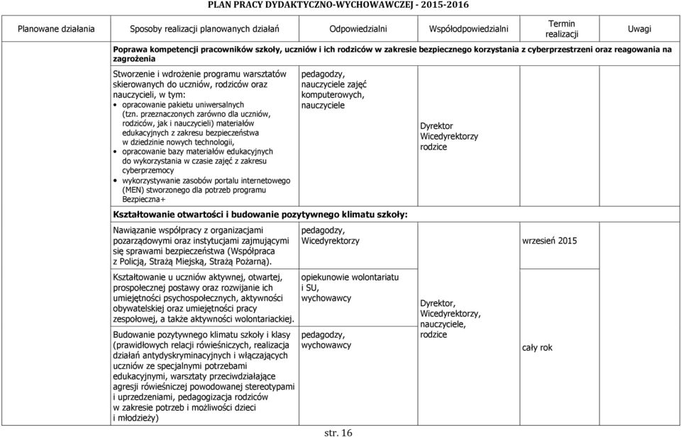 przeznaczonych zarówno dla uczniów, rodziców, jak i nauczycieli) materiałów edukacyjnych z zakresu bezpieczeństwa w dziedzinie nowych technologii, opracowanie bazy materiałów edukacyjnych do