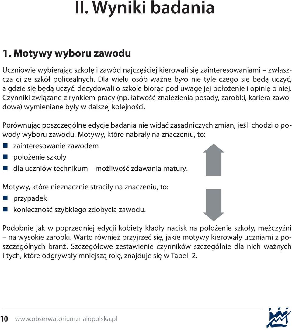 łatwość znalezienia posady, zarobki, kariera zawodowa) wymieniane były w dalszej kolejności. Porównując poszczególne edycje badania nie widać zasadniczych zmian, jeśli chodzi o powody wyboru zawodu.