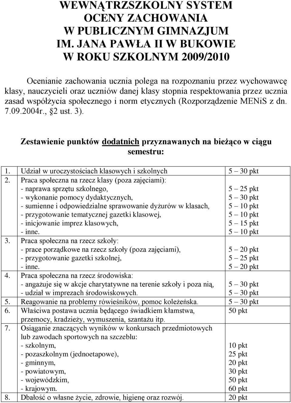 zasad współżycia społecznego i norm etycznych (Rozporządzenie MENiS z dn. 7.09.2004r., 2 ust. 3). Zestawienie punktów dodatnich przyznawanych na bieżąco w ciągu semestru: 1.