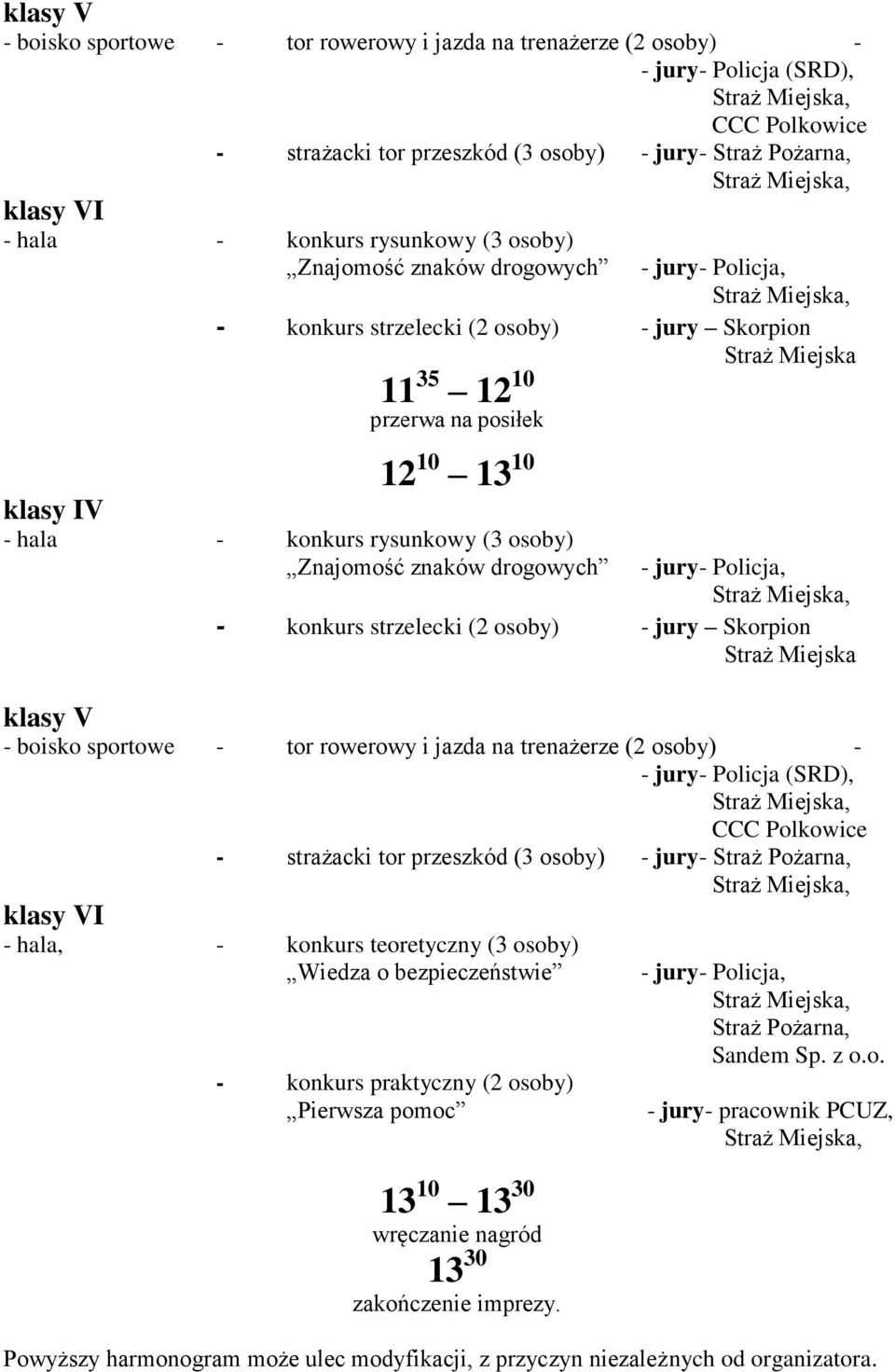 drogowych - konkurs strzelecki (2 osoby) - jury Skorpion klasy V - boisko sportowe - tor rowerowy i jazda na trenażerze (2 osoby) - - jury- Policja (SRD), CCC Polkowice - strażacki tor przeszkód (3