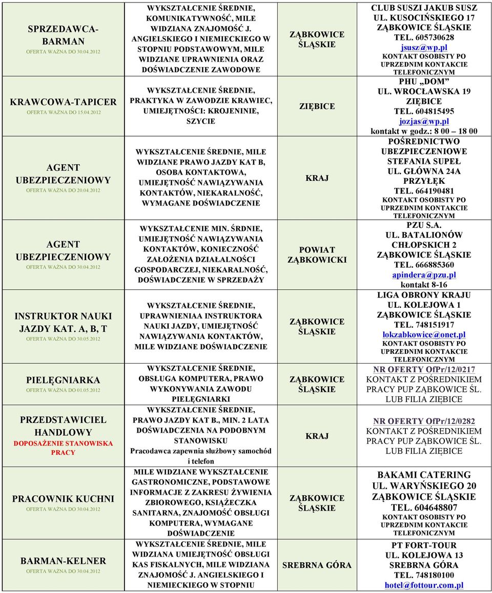 ANGIELSKIEGO I NIEMIECKIEGO W STOPNIU PODSTAWOWYM, MILE WIDZIANE UPRAWNIENIA ORAZ DOŚWIADCZENIE ZAWODOWE PRAKTYKA W ZAWODZIE KRAWIEC, UMIEJĘTNOŚCI: KROJENINIE, SZYCIE MILE WIDZIANE PRAWO JAZDY KAT B,