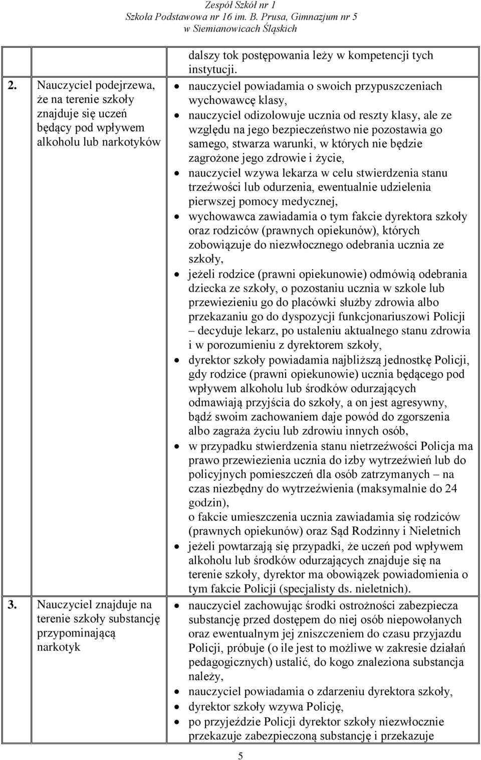 nauczyciel powiadamia o swoich przypuszczeniach wychowawcę klasy, nauczyciel odizolowuje ucznia od reszty klasy, ale ze względu na jego bezpieczeństwo nie pozostawia go samego, stwarza warunki, w