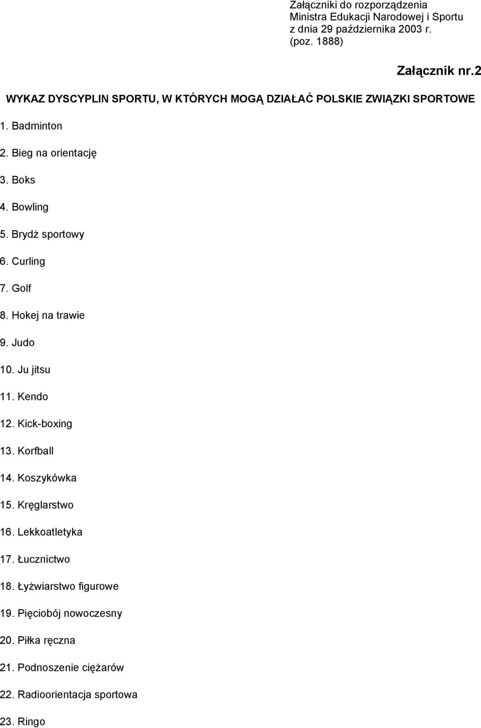 Brydż sportowy 6. Curling 7. Golf 8. Hokej na trawie 9. Judo 10. Ju jitsu 11. Kendo 12. Kick-boxing 13. Korfball 14. Koszykówka 15.