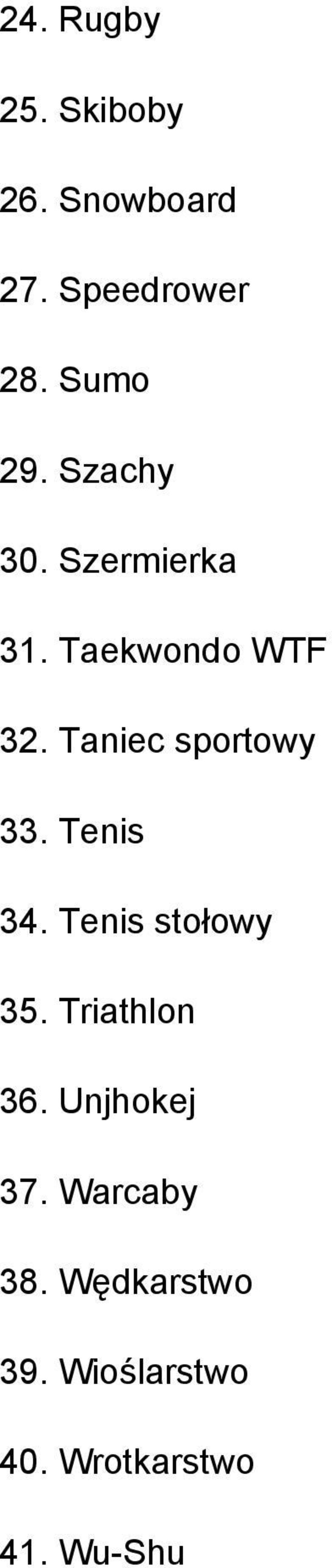 Taniec sportowy 33. Tenis 34. Tenis stołowy 35. Triathlon 36.