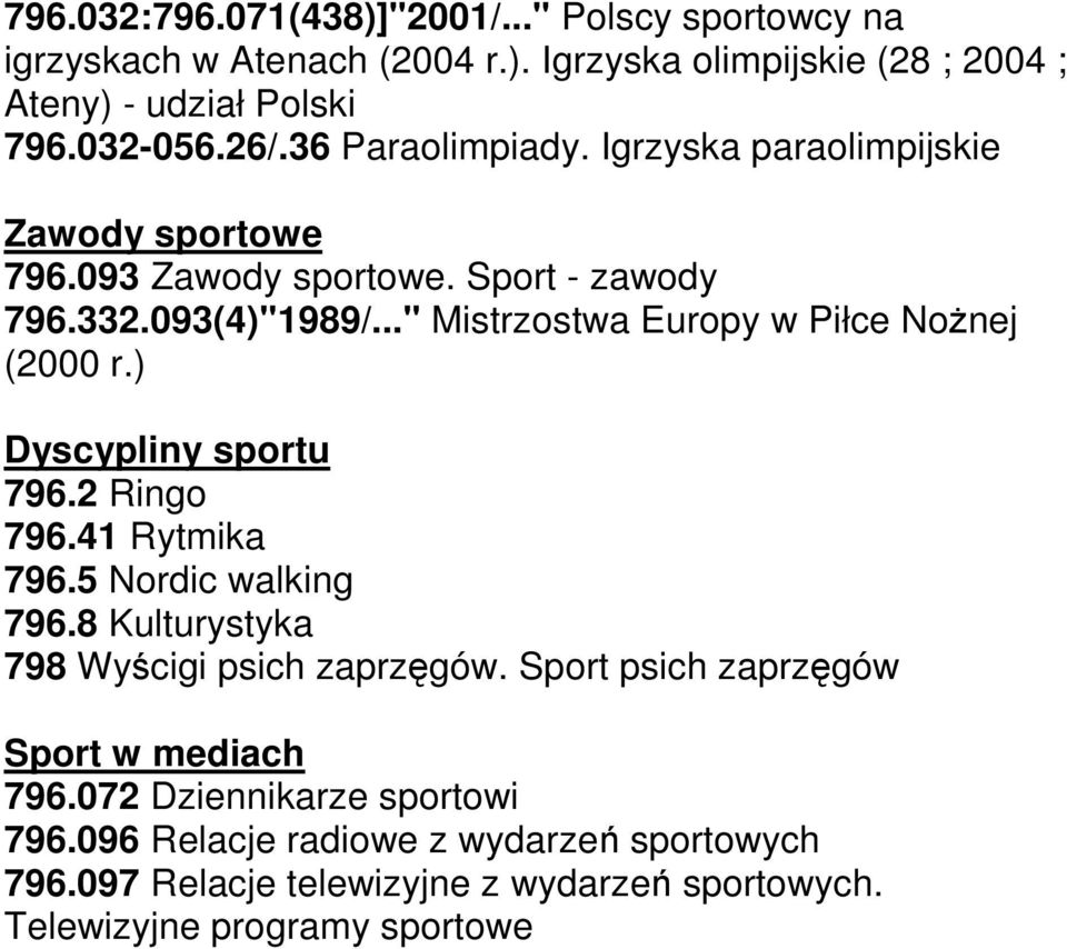 .." Mistrzostwa Europy w Piłce Nożnej (2000 r.) Dyscypliny sportu 796.2 Ringo 796.41 Rytmika 796.5 Nordic walking 796.
