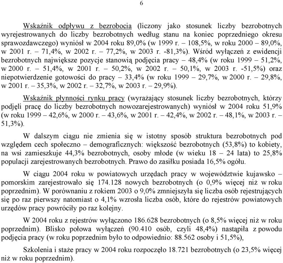 Wśród wyłączeń z ewidencji bezrobotnych największe pozycje stanowią podjęcia pracy 48,4% (w roku 1999 51,2%, w 2000 r. 51,4%, w 2001 r. 50,2%, w 2002 r. 50,1%, w 2003 r.