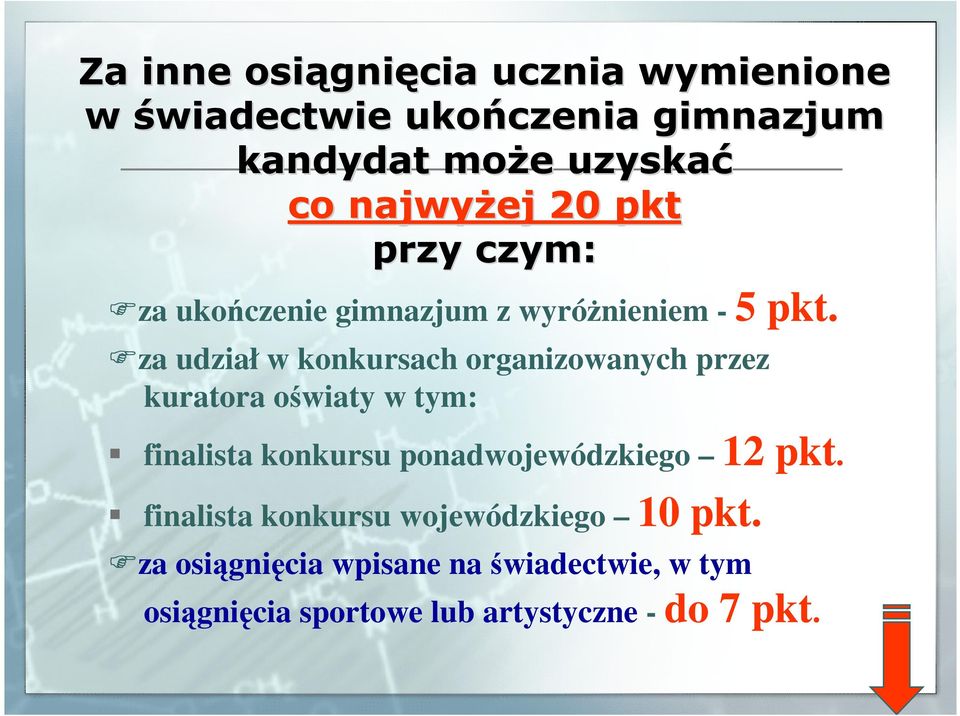 za udział w konkursach organizowanych przez kuratora oświaty w tym: finalista konkursu ponadwojewódzkiego