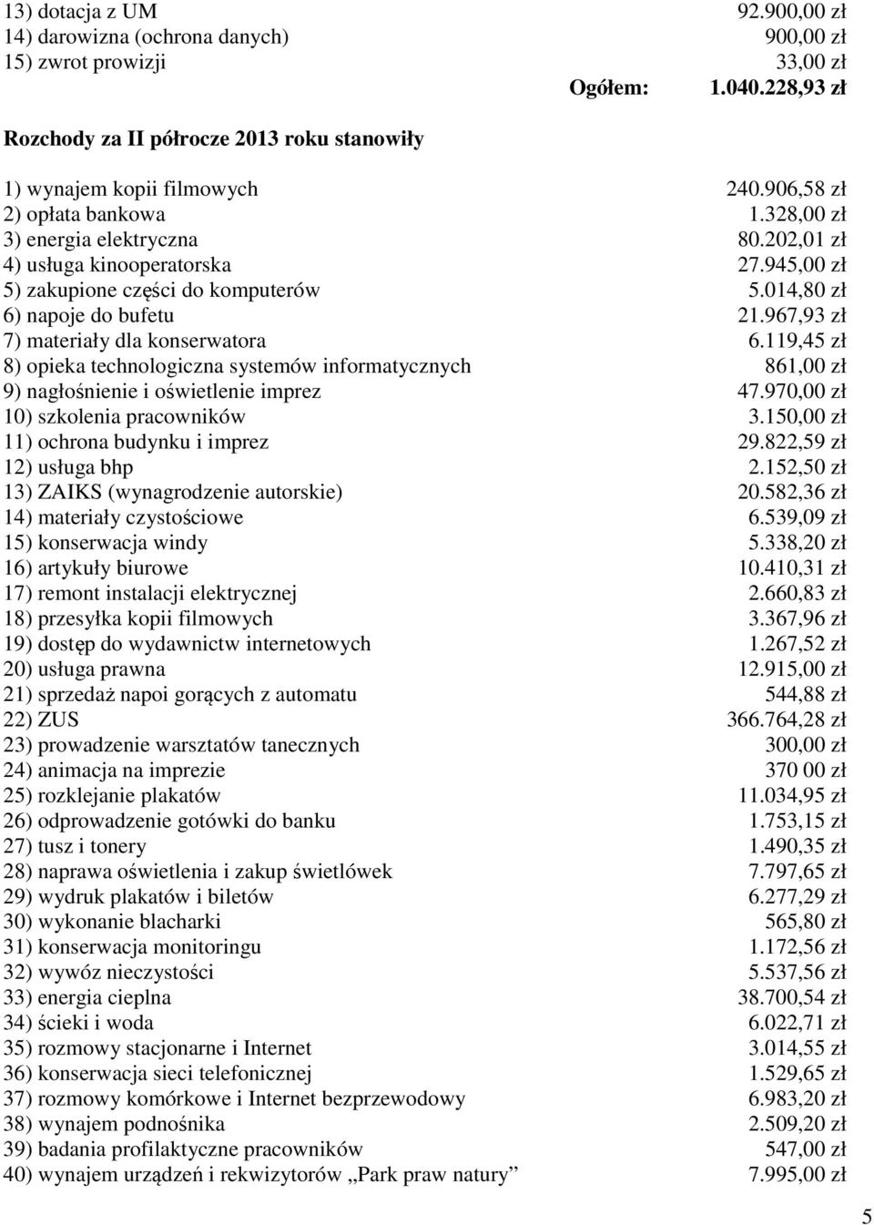 967,93 zł 7) materiały dla konserwatora 6.119,45 zł 8) opieka technologiczna systemów informatycznych 861,00 zł 9) nagłośnienie i oświetlenie imprez 47.970,00 zł 10) szkolenia pracowników 3.