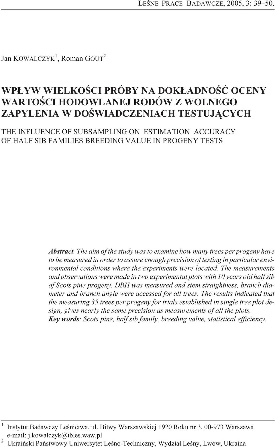OF HALF SIB FAMILIES BREEDING VALUE IN PROGENY TESTS Abstract.