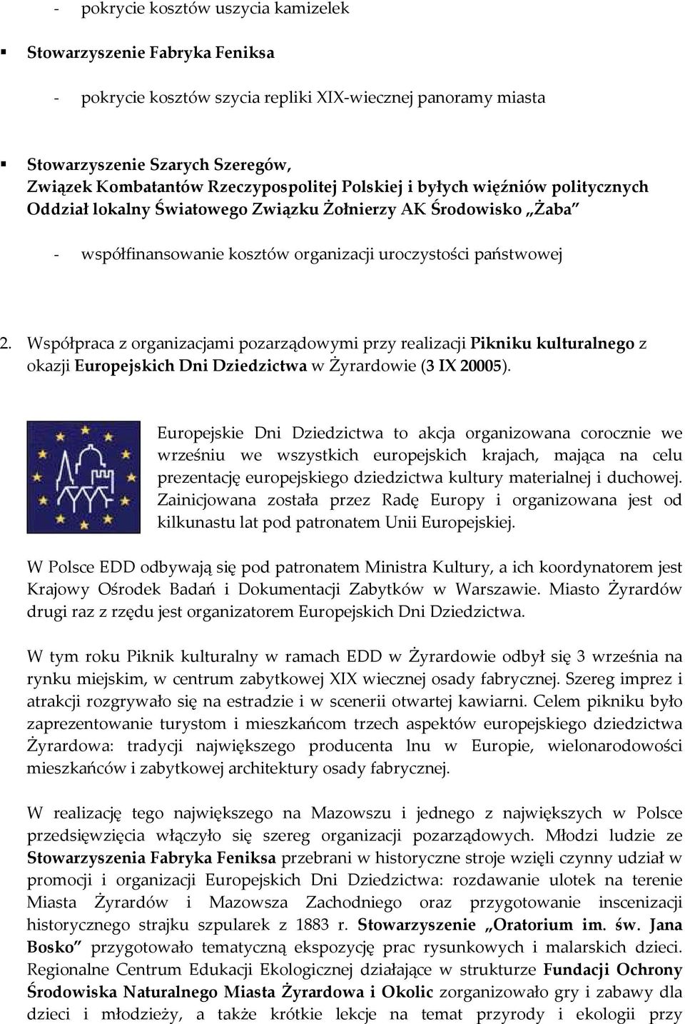 Współpraca z organizacjami pozarządowymi przy realizacji Pikniku kulturalnego z okazji Europejskich Dni Dziedzictwa w Żyrardowie (3 IX 20005).