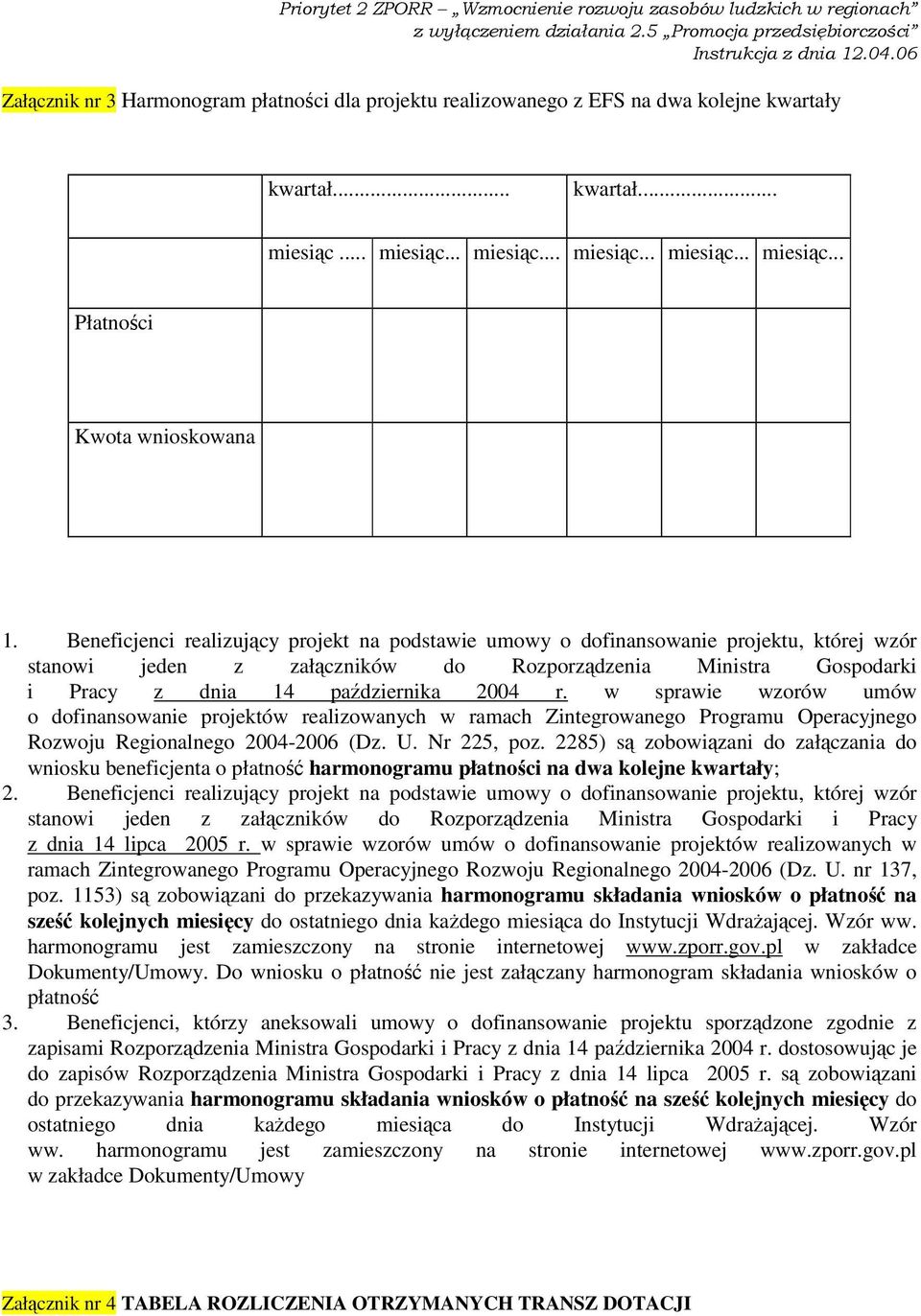 Beneficjenci realizujący projekt na podstawie umowy o dofinansowanie projektu, której wzór stanowi jeden z załączników do Rozporządzenia Ministra Gospodarki i Pracy z dnia 14 października 2004 r.