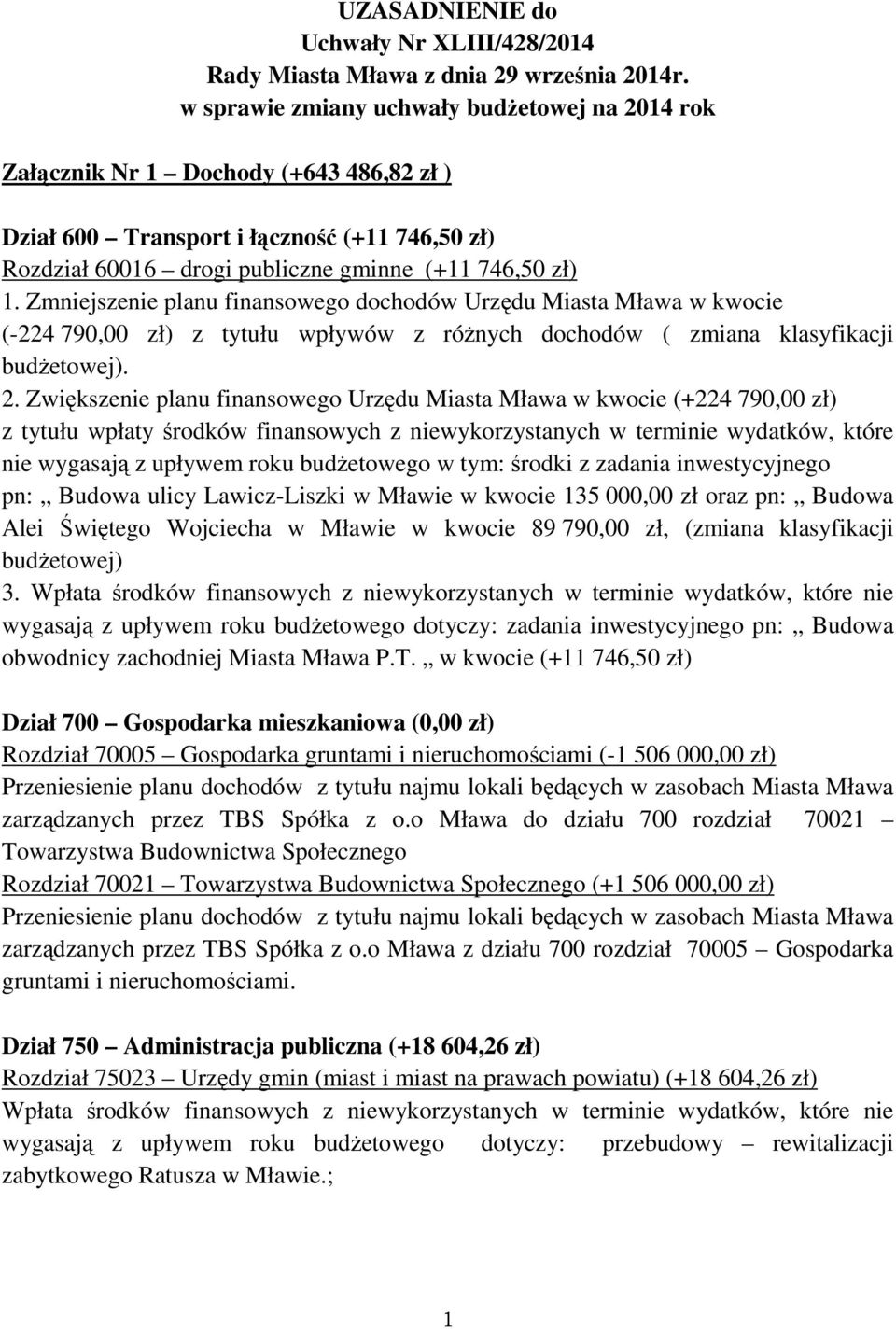Zmniejszenie planu finansowego dochodów Urzędu Miasta Mława w kwocie (-224 790,00 zł) z tytułu wpływów z różnych dochodów ( zmiana klasyfikacji budżetowej). 2.