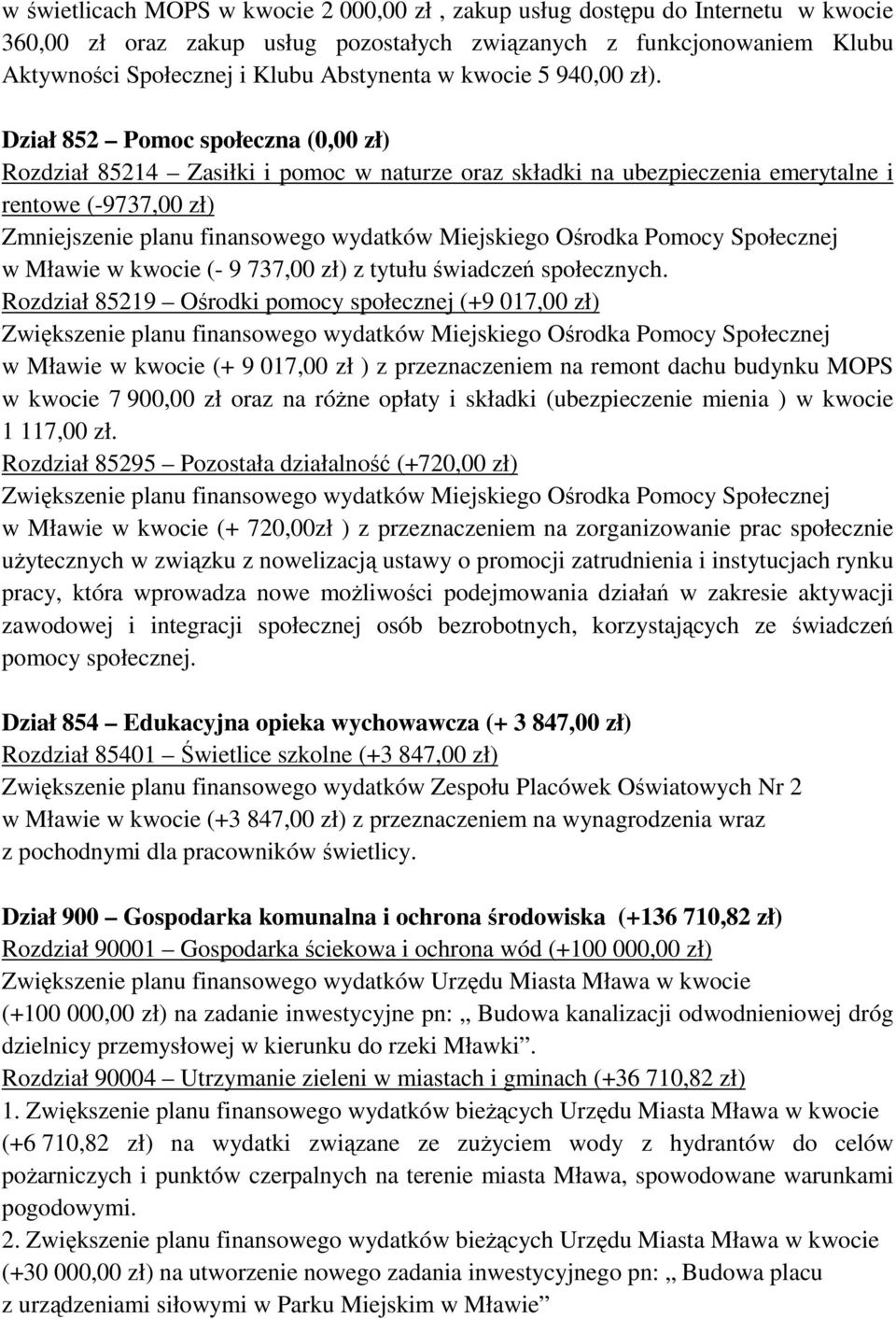 Dział 852 Pomoc społeczna (0,00 zł) Rozdział 85214 Zasiłki i pomoc w naturze oraz składki na ubezpieczenia emerytalne i rentowe (-9737,00 zł) Zmniejszenie planu finansowego wydatków Miejskiego