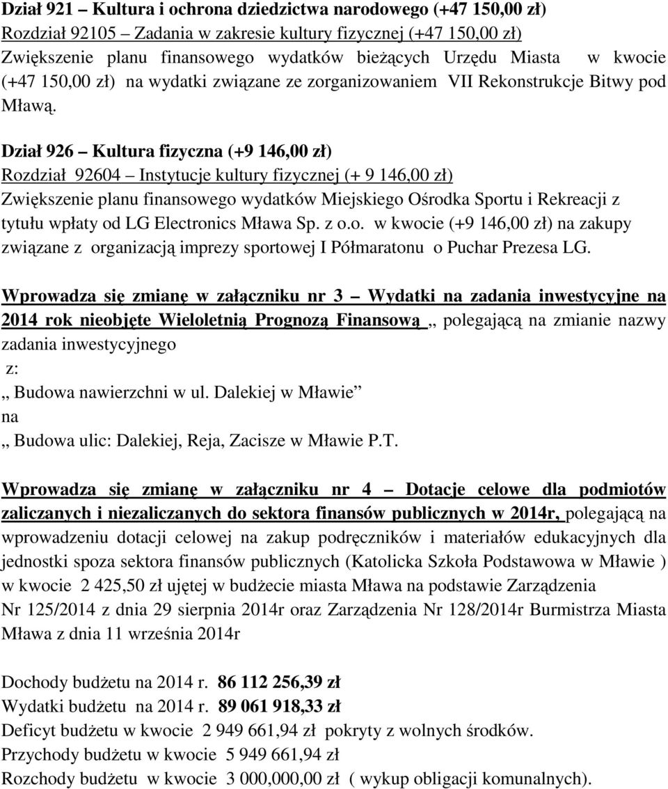 Dział 926 Kultura fizyczna (+9 146,00 zł) Rozdział 92604 Instytucje kultury fizycznej (+ 9 146,00 zł) Zwiększenie planu finansowego wydatków Miejskiego Ośrodka Sportu i Rekreacji z tytułu wpłaty od