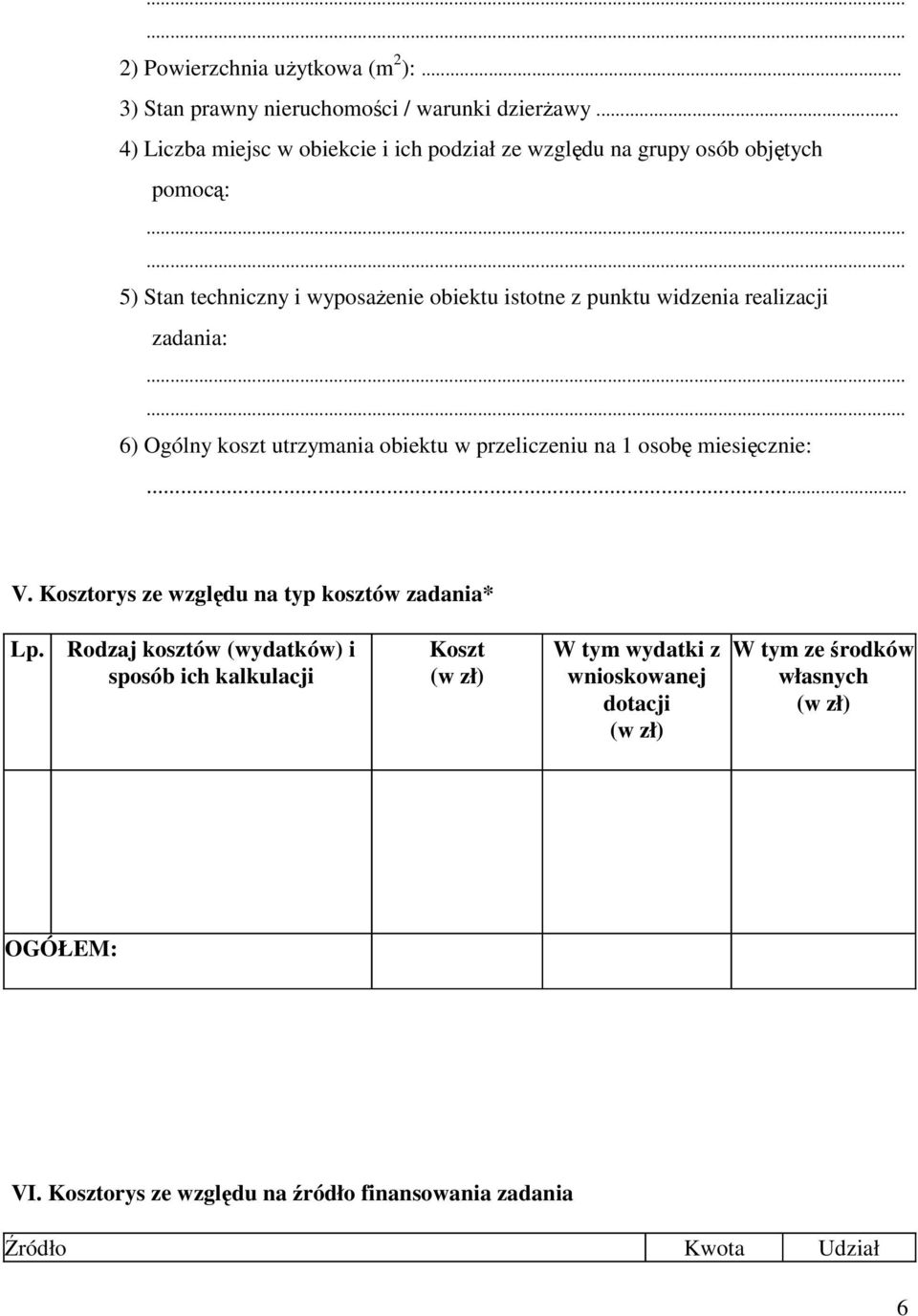 realizacji zadania: 6) Ogólny koszt utrzymania obiektu w przeliczeniu na 1 osobę miesięcznie:... V. Kosztorys ze względu na typ kosztów zadania* Lp.