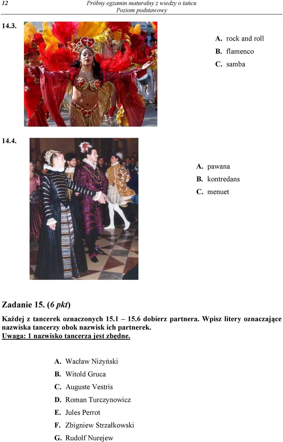 Wpisz litery oznaczające nazwiska tancerzy obok nazwisk ich partnerek. Uwaga: 1 nazwisko tancerza jest zbędne. A.