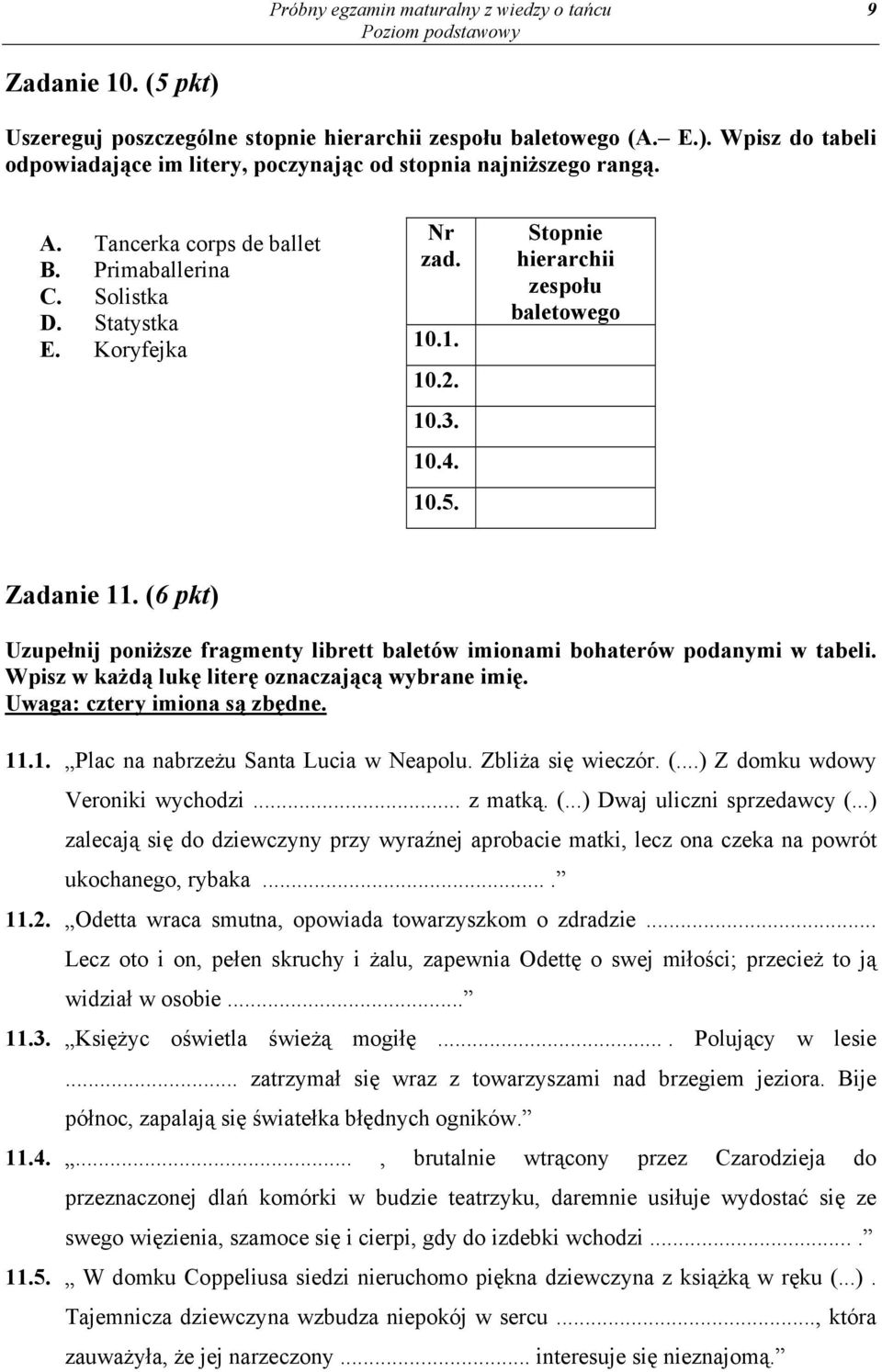 (6 pkt) Uzupełnij poniższe fragmenty librett baletów imionami bohaterów podanymi w tabeli. Wpisz w każdą lukę literę oznaczającą wybrane imię. Uwaga: cztery imiona są zbędne. 11