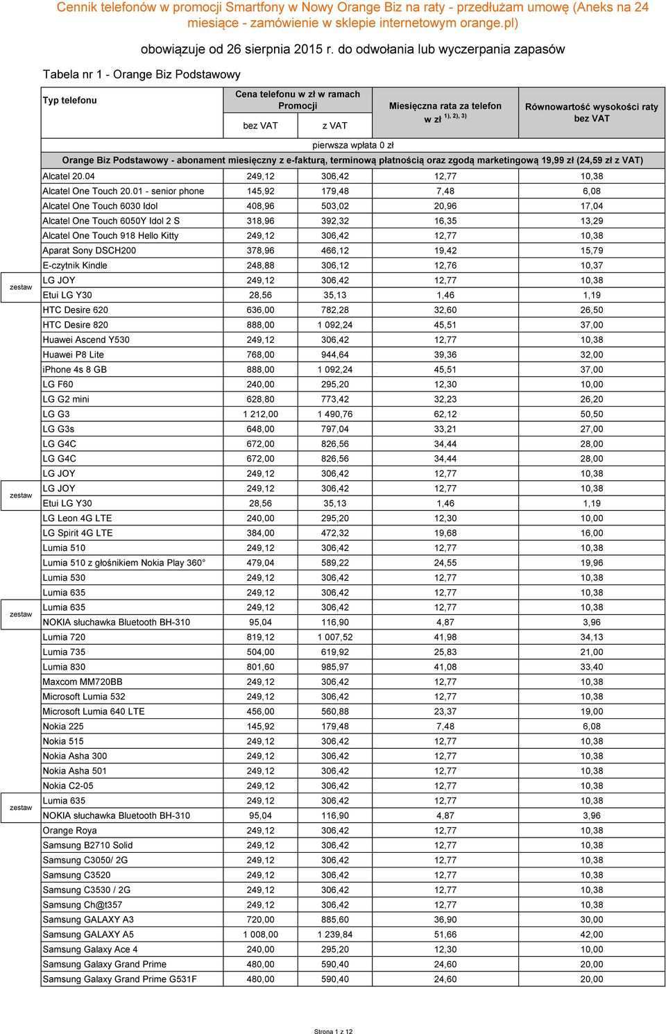 pierwsza wpłata 0 zł Orange Biz Podstawowy - abonament miesięczny z e-fakturą, terminową płatnością oraz zgodą marketingową 19,99 zł (24,59 zł z VAT) Alcatel 20.