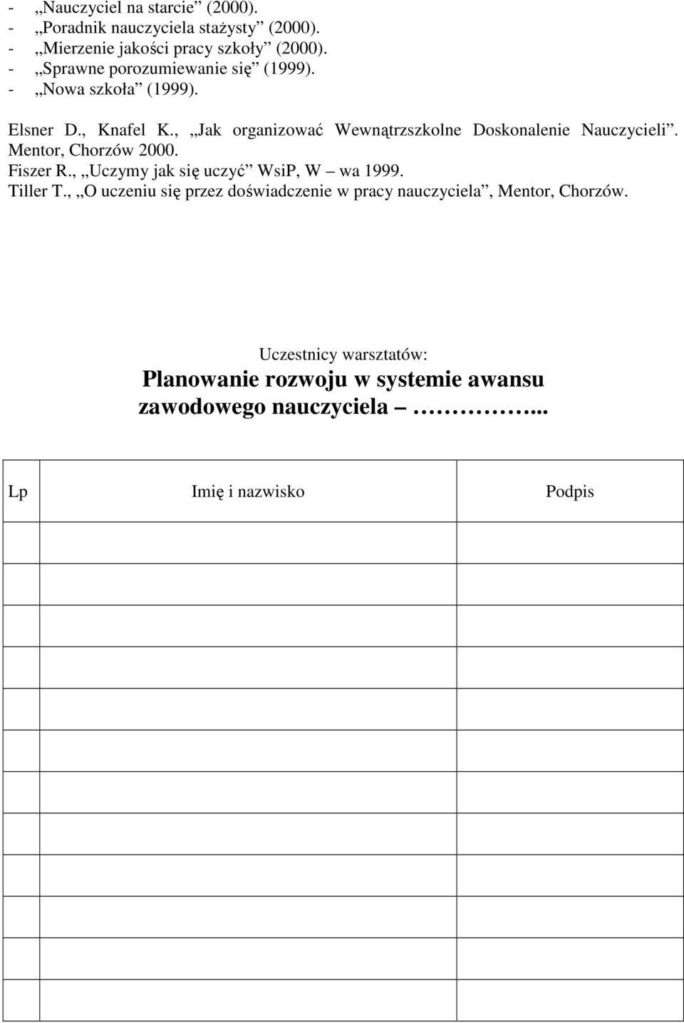 , Jak organizować Wewnątrzszkolne Doskonalenie Nauczycieli. Mentor, Chorzów 2000. Fiszer R., Uczymy jak się uczyć WsiP, W wa 1999.