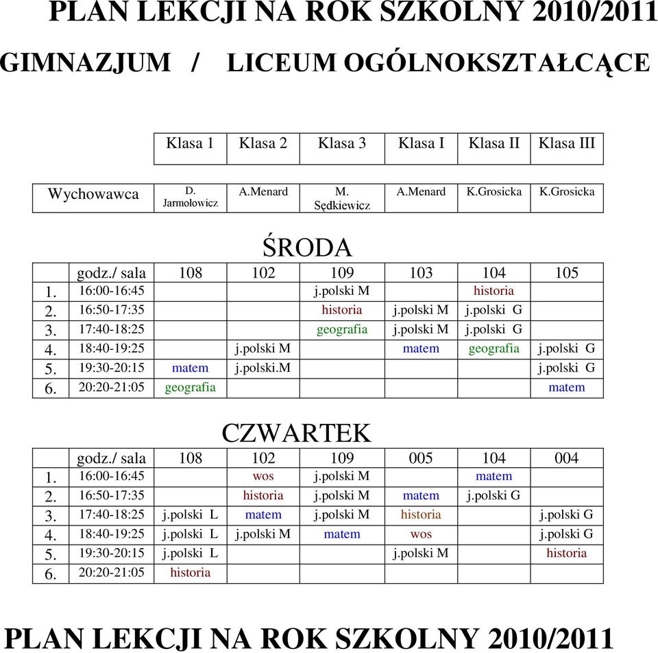 polski M matem geografia j.polski G 5. 19:30-20:15 matem j.polski.m j.polski G 6. 20:20-21:05 geografia matem godz./ sala 108 102 109 005 104 004 1. 16:00-16:45 wos j.polski M matem 2.