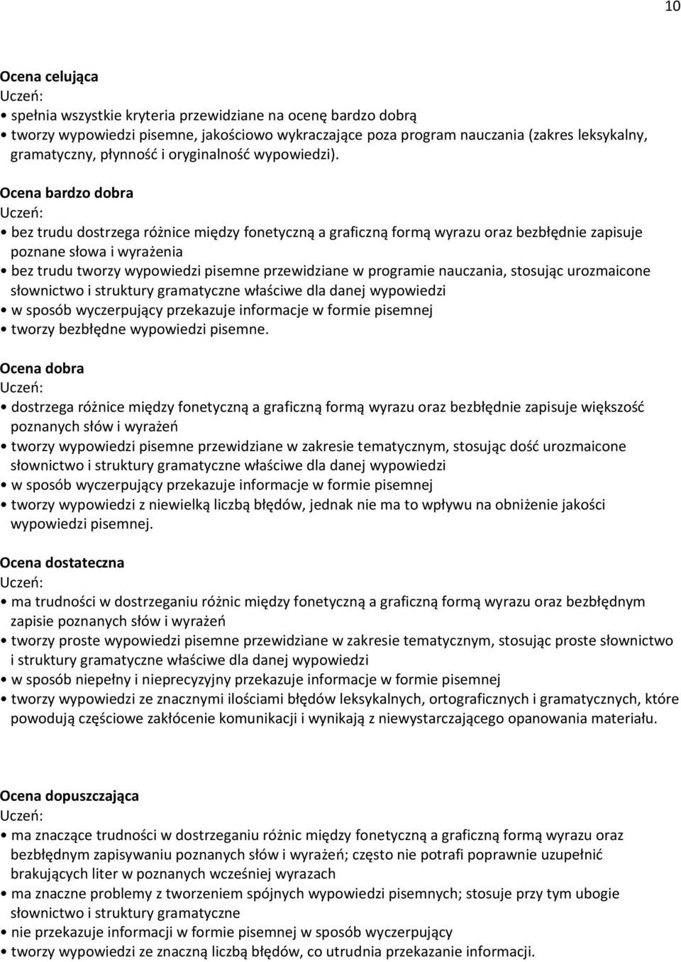 Ocena bardzo dobra bez trudu dostrzega różnice między fonetyczną a graficzną formą wyrazu oraz bezbłędnie zapisuje poznane słowa i wyrażenia bez trudu tworzy wypowiedzi pisemne przewidziane w