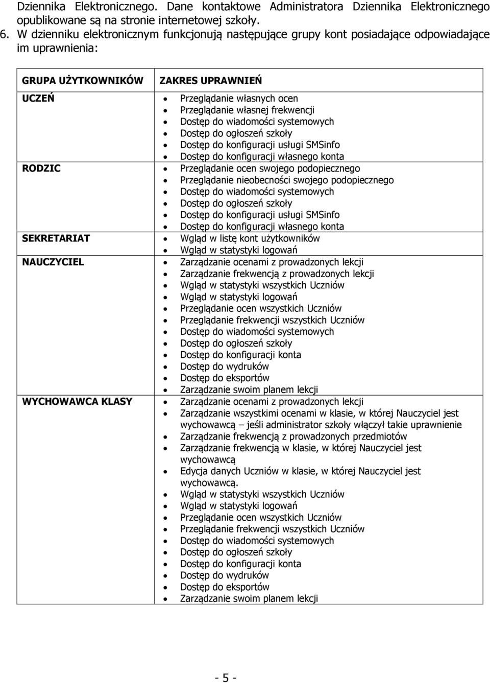 frekwencji Dostęp do wiadomości systemowych Dostęp do ogłoszeń szkoły Dostęp do konfiguracji usługi SMSinfo Dostęp do konfiguracji własnego konta RODZIC Przeglądanie ocen swojego podopiecznego
