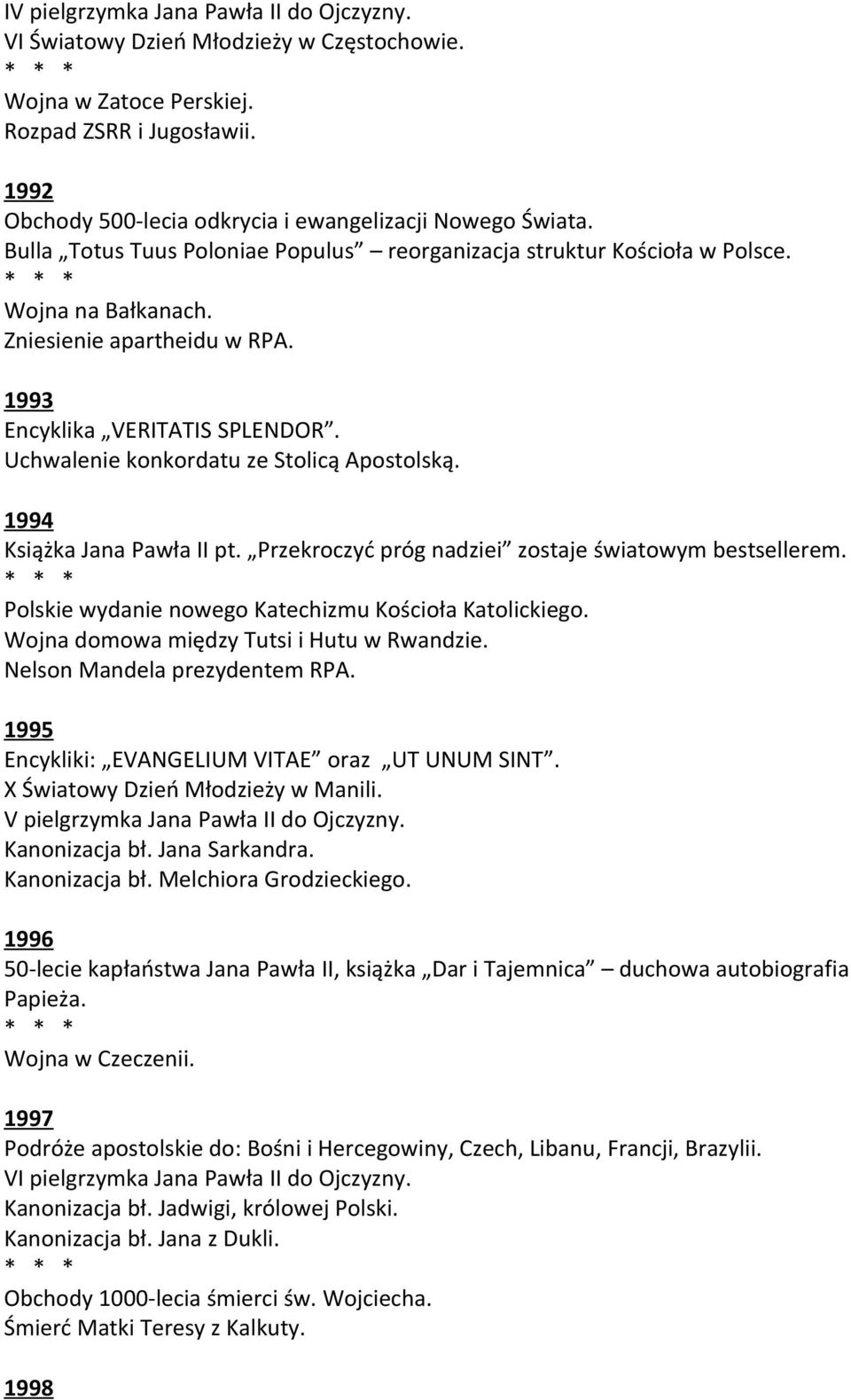 Uchwalenie konkordatu ze Stolicą Apostolską. 1994 Książka Jana Pawła II pt. Przekroczyć próg nadziei zostaje światowym bestsellerem. Polskie wydanie nowego Katechizmu Kościoła Katolickiego.