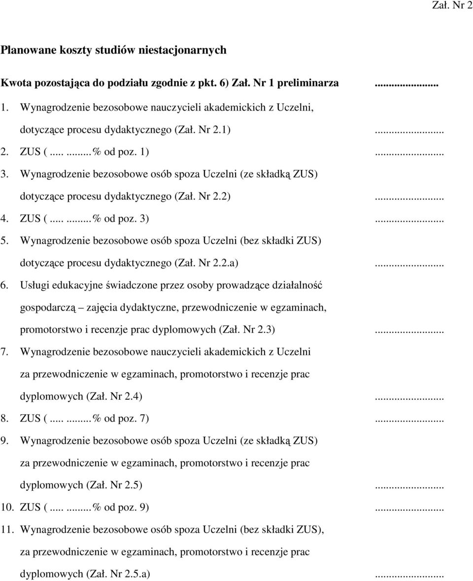 Wynagrodzenie bezosobowe osób spoza Uczelni (ze składką ZUS) dotyczące procesu dydaktycznego (Zał. Nr 2.2)... 4. ZUS (......% od poz. 3)... 5.