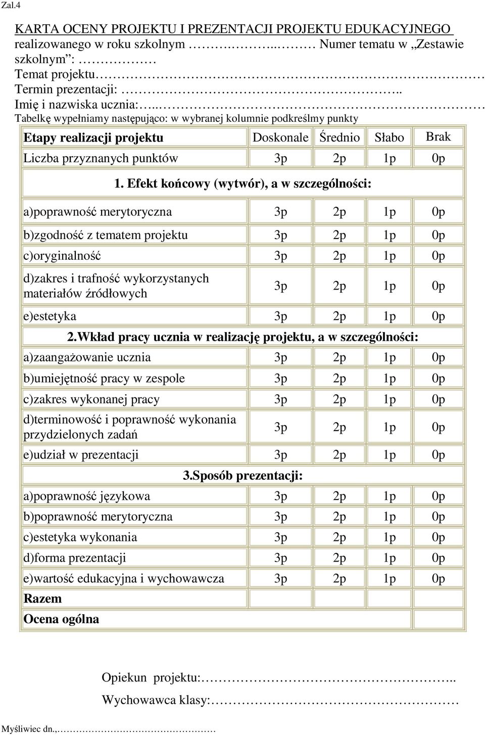 Efekt końcowy (wytwór), a w szczególności: a)poprawność merytoryczna 3p 2p 1p 0p b)zgodność z tematem projektu 3p 2p 1p 0p c)oryginalność 3p 2p 1p 0p d)zakres i trafność wykorzystanych materiałów