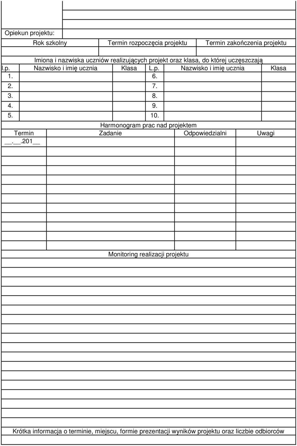 6. 2. 7. 3. 8. 4. 9. 5. 10. Harmonogram prac nad projektem Termin Zadanie Odpowiedzialni Uwagi.