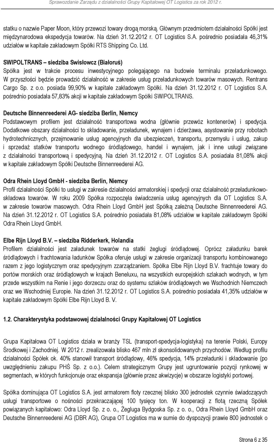 SWIPOLTRANS siedziba Swisłowcz (Białoruś) Spółka jest w trakcie procesu inwestycyjnego polegającego na budowie terminalu przeładunkowego.