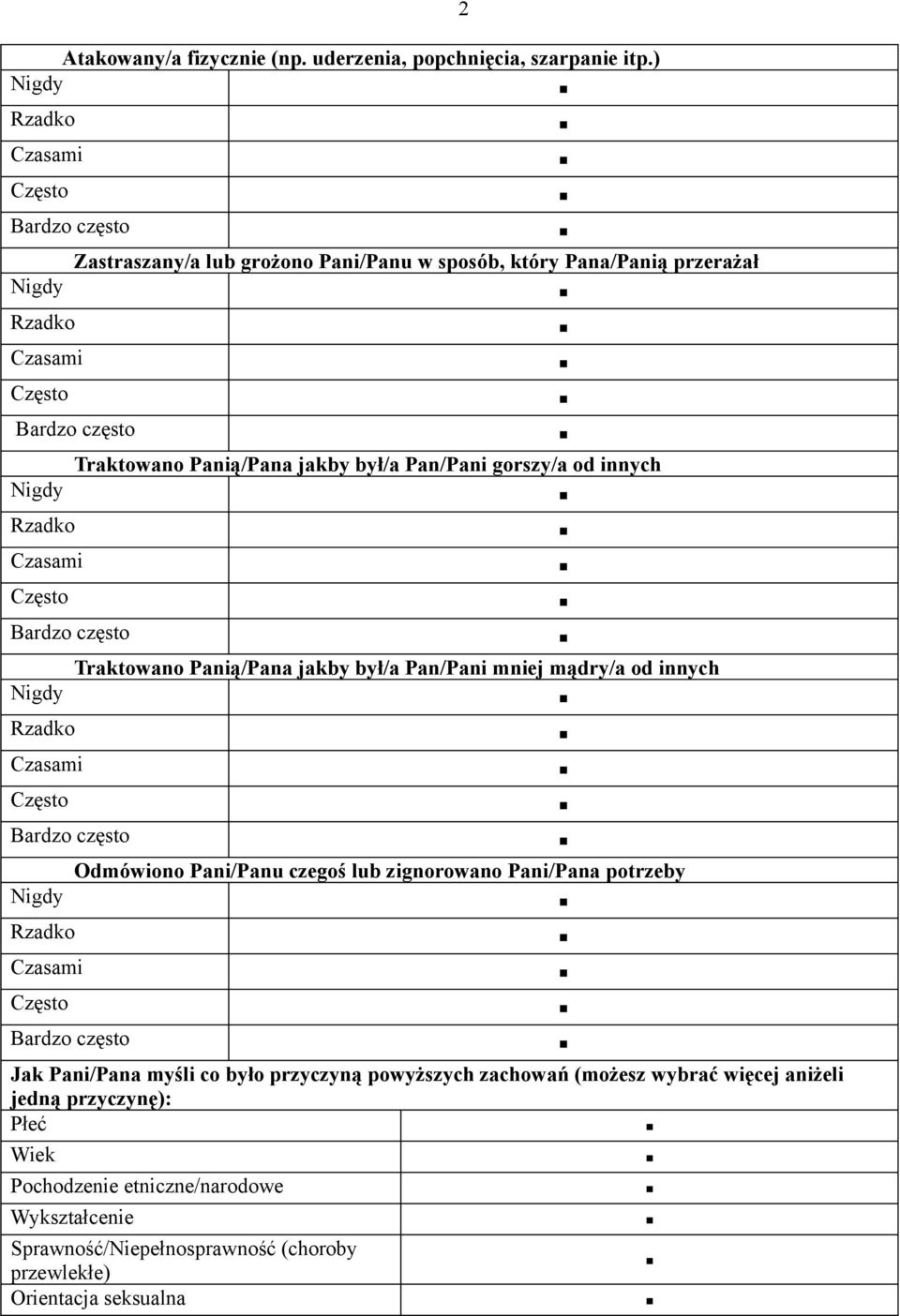 Traktowano Panią/Pana jakby był/a Pan/Pani mniej mądry/a od innych Odmówiono Pani/Panu czegoś lub zignorowano Pani/Pana potrzeby Jak