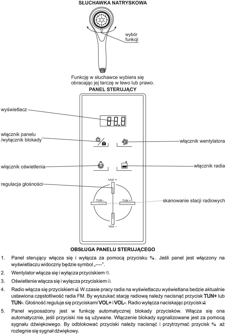 PANELU STERUJĄCEGO 1. Panel sterujący włącza się i wyłącza za pomocą przycisku. Jeśli panel jest włączony na wyświetlaczu widoczny będzie symbol ----. 2. Wentylator włącza się i wyłącza przyciskiem.