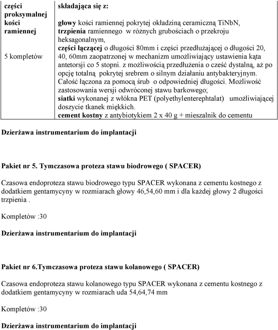 z możliwością przedłużenia o cześć dystalną, aż po opcję totalną pokrytej srebrem o silnym działaniu antybakteryjnym. Całość łączona za pomocą śrub o odpowiedniej długości.