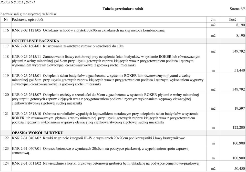 zapraw klejących wraz z przygotowaniem podłoża i ręcznym wykonaniem wyprawy elewacyjnej cienkowarstwowej z gotowej suchej mieszanki 119 KNR 0-23 2615/01 Ocieplenie ścian budynków z gazobetonu w