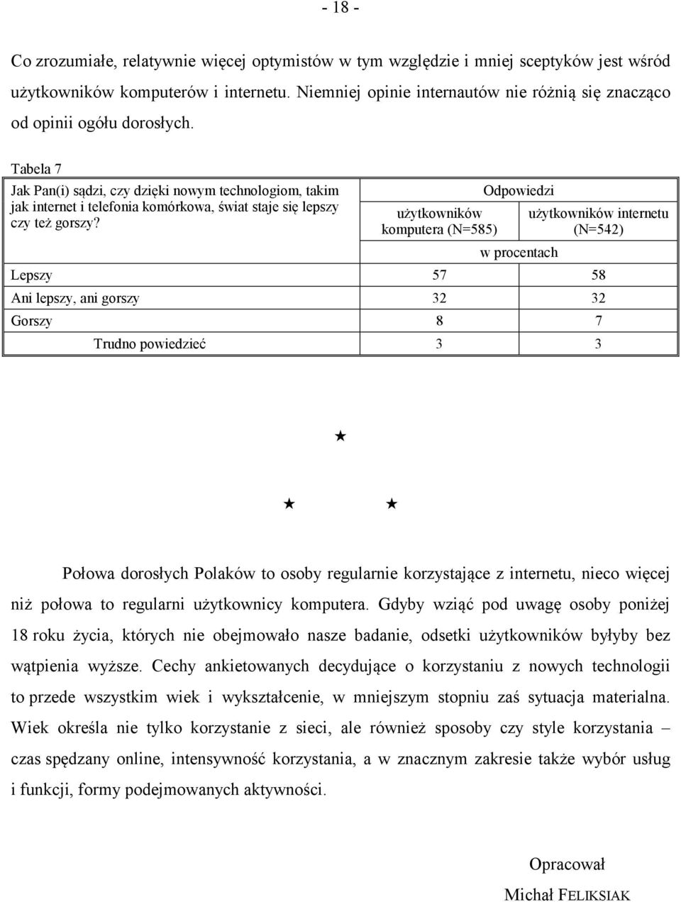 Tabela 7 Jak Pan(i) sądzi, czy dzięki nowym technologiom, takim jak internet i telefonia komórkowa, świat staje się lepszy czy też gorszy?