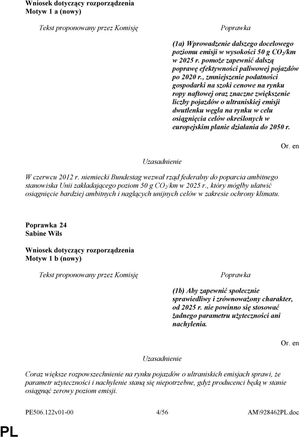 określonych w europejskim planie działania do 2050 r. W czerwcu 2012 r. niemiecki Bundestag wezwał rząd federalny do poparcia ambitnego stanowiska Unii zakładającego poziom 50 g CO 2 /km w 2025 r.