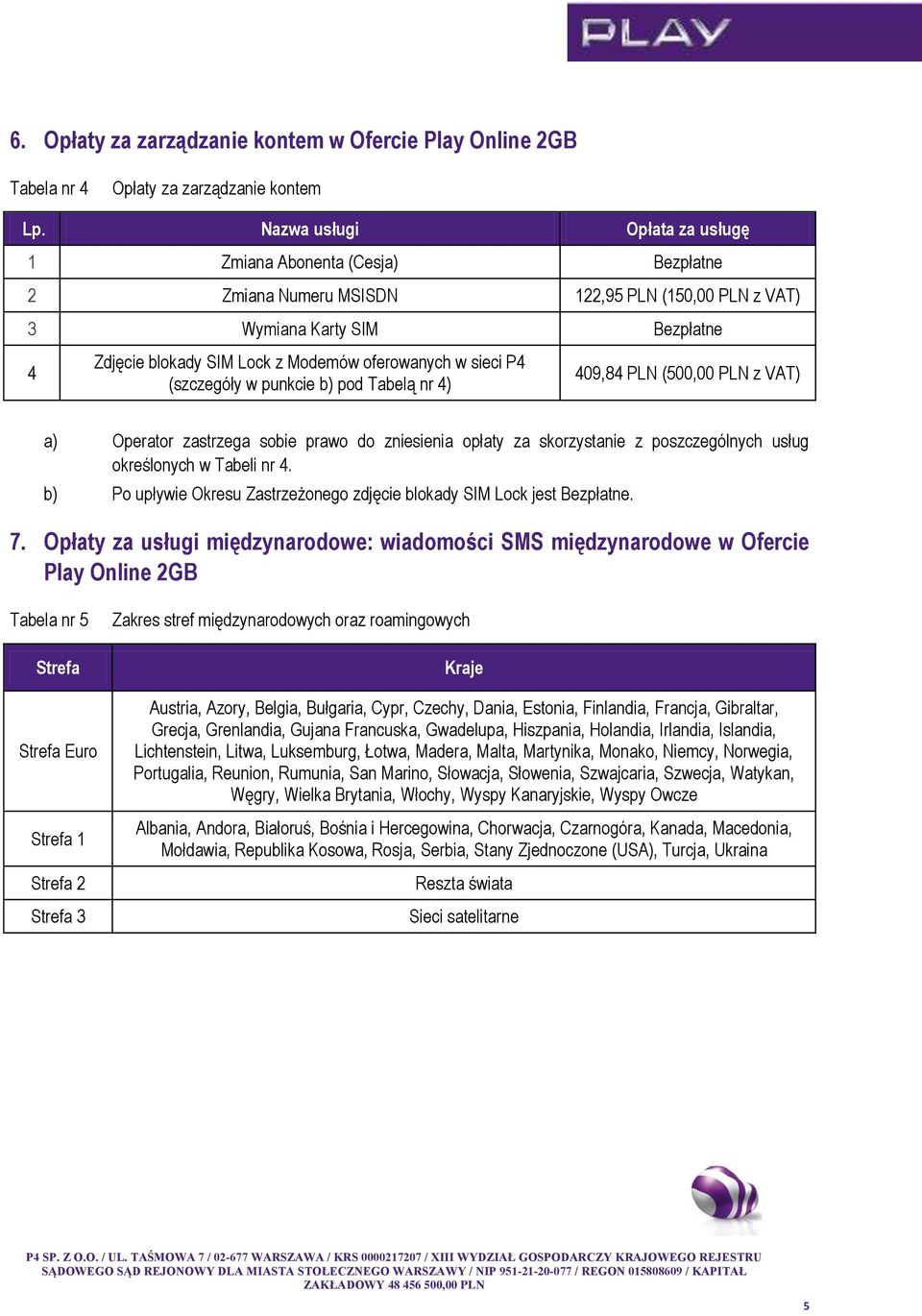 sieci P4 (szczegóły w punkcie b) pod Tabelą nr 4) 409,84 PLN (500,00 PLN z VAT) a) Operator zastrzega sobie prawo do zniesienia opłaty za skorzystanie z poszczególnych usług określonych w Tabeli nr 4.