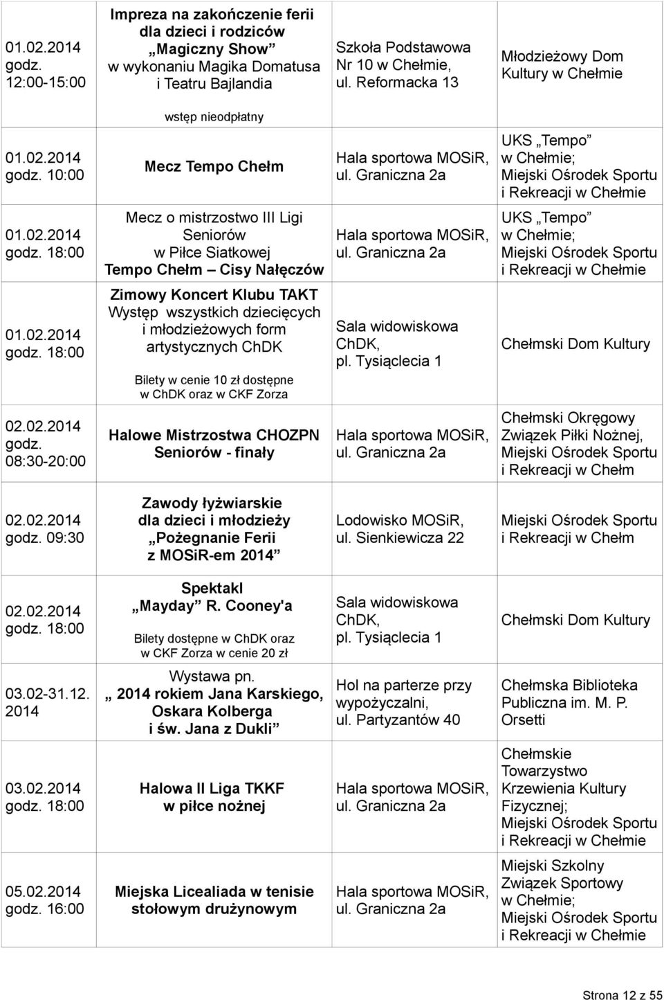 02.2014 18:00 Zimowy Koncert Klubu TAKT Występ wszystkich dziecięcych i młodzieżowych form artystycznych ChDK Bilety w cenie 10 zł dostępne w ChDK oraz w CKF Zorza Sala widowiskowa ChDK, pl.