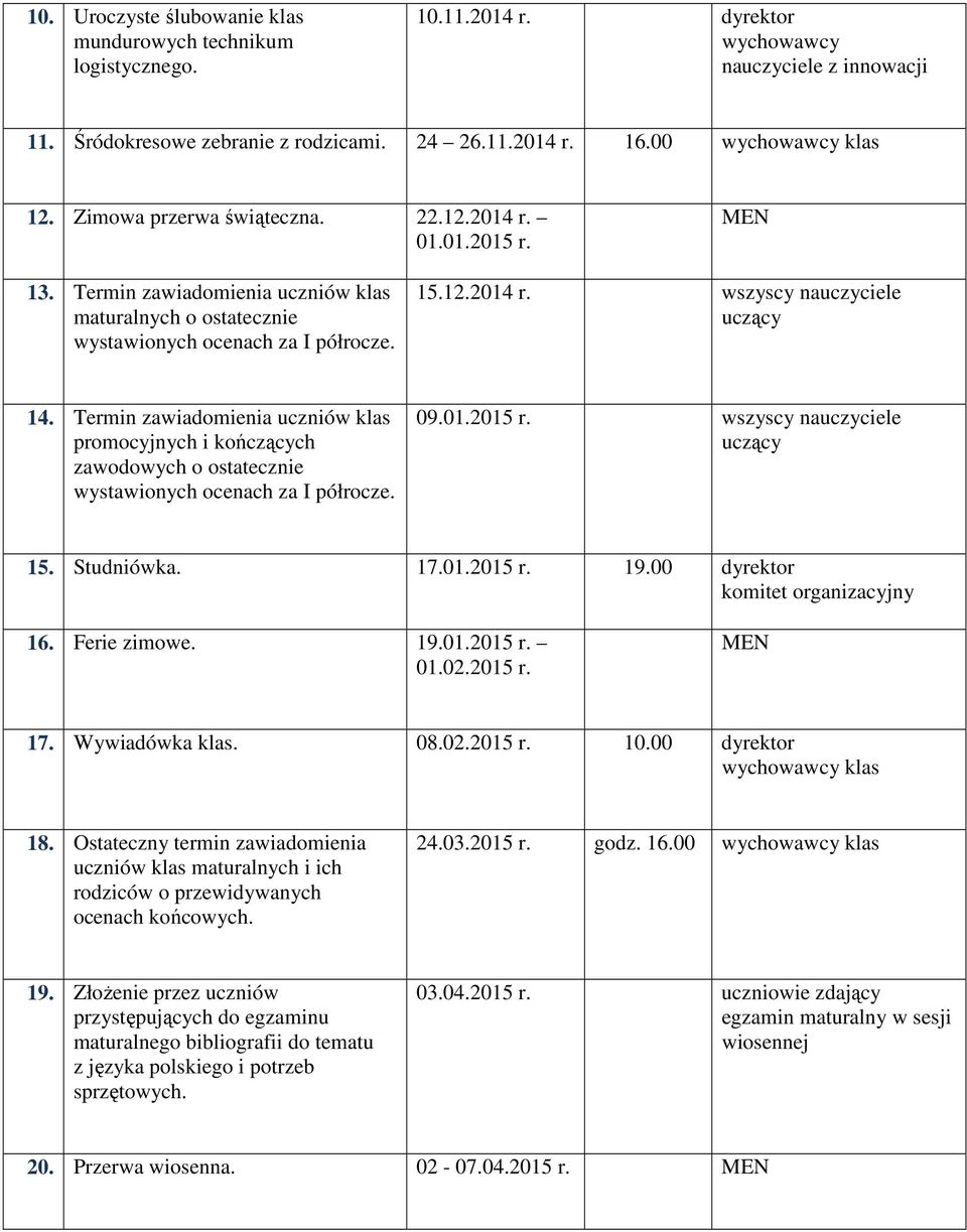 Termin zawiadomienia uczniów klas promocyjnych i kończących zawodowych o ostatecznie wystawionych ocenach za I półrocze. 09.01.2015 r. wszyscy nauczyciele 15. Studniówka. 17.01.2015 r. 19.